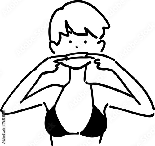 Young woman making a funny face, pulling her cheeks to stretch her mouth. Humorous line art illustration.