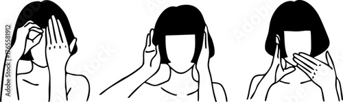 Three Wise Monkeys: See No Evil, Hear No Evil, Speak No Evil Minimalist Line Art