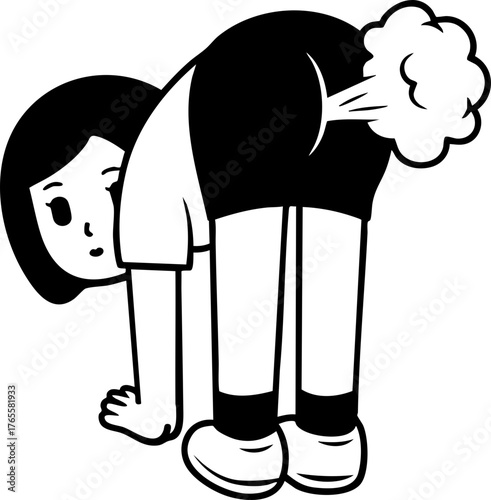 Humorous cartoon illustration of a person bending over and farting, comic flatulence concept