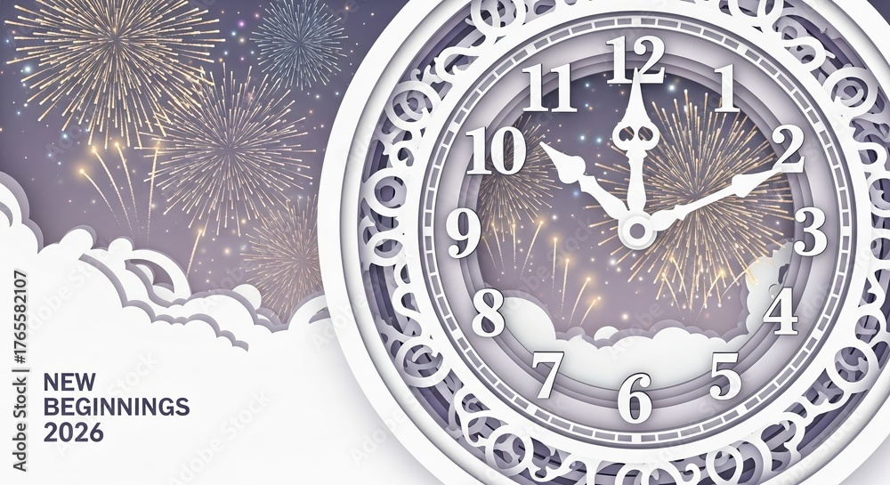 Obraz premium Countdown to New Beginnings 2026 with dazzling fireworks and a classic clock face