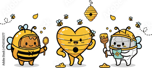 Cute Cartoon Bee Characters, Heart Beehive, and Beekeeper with Honey - Sweet Vector Illustration