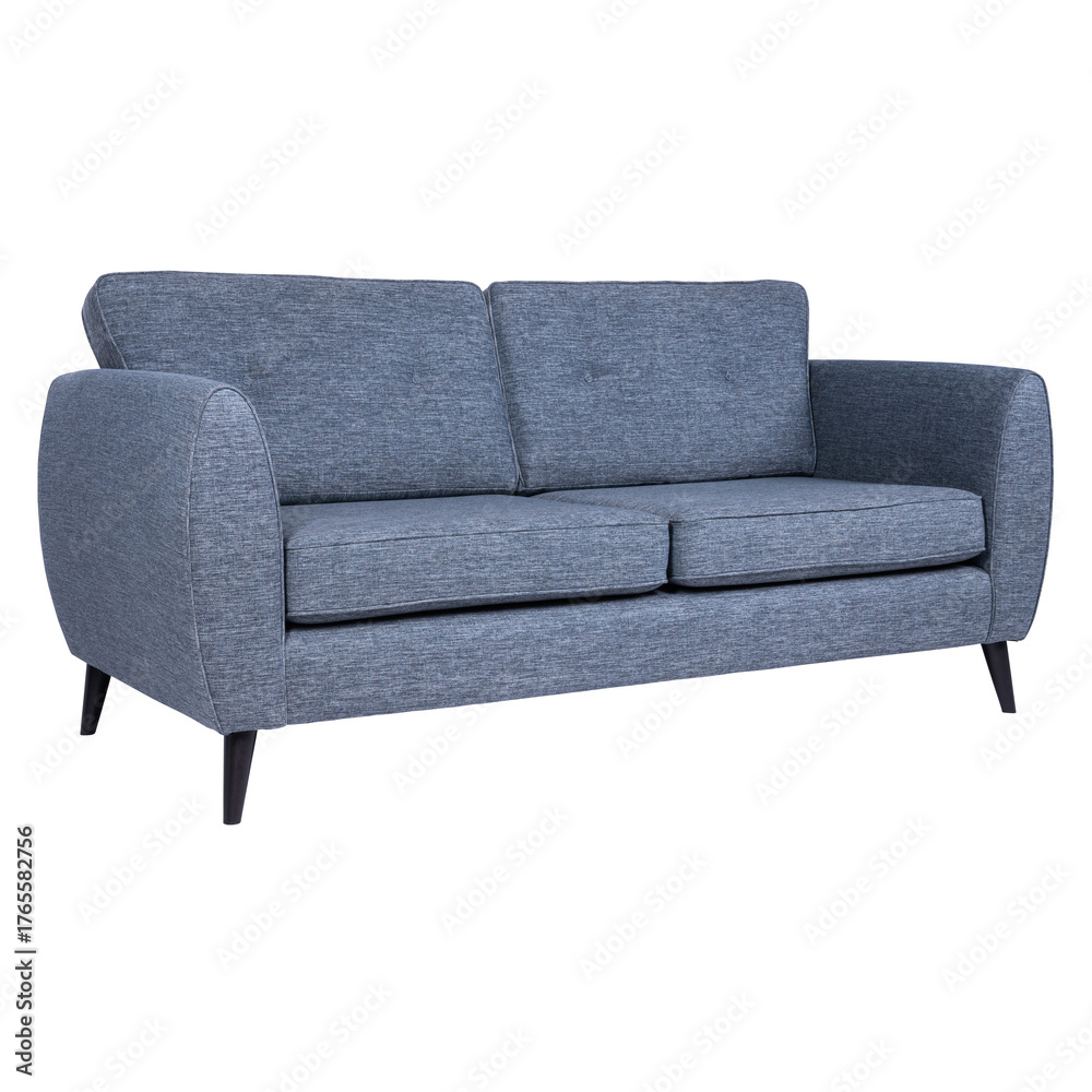 Obraz premium Modern blue upholstered sofa with sleek lines, textured fabric, and slim black legs. A minimalist design combining comfort, style, and cool tones for contemporary living spaces