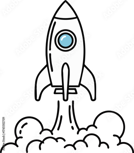 Line Art Rocket Launch with Smoke Trail, Minimalist Space Exploration & Startup Concept Illustration
