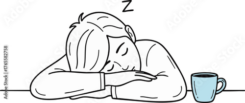 Exhausted Person Sleeping at Desk with Coffee Mug - Fatigue & Burnout Concept Illustration