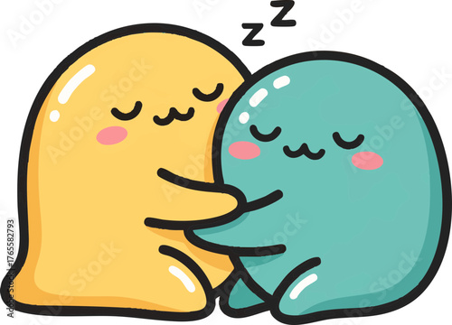 Adorable cartoon blob characters hugging and sleeping soundly, symbolizing comfort, friendship, and sweet dreams.
