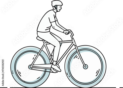 Line Art Illustration of Cyclist Riding Bicycle with Helmet. Healthy Lifestyle, Sport, and Eco-Friendly Urban Commuting.