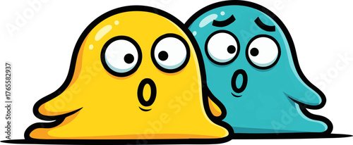 Cute Surprised Yellow and Blue Cartoon Slime Blobs with Wide Eyes and Shocked Expressions