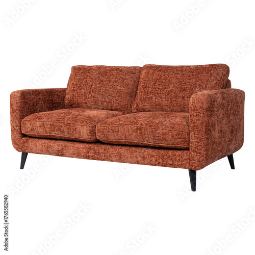 Contemporary terracotta sofa with textured chenille fabric, slim black legs, and boxy silhouette. A modern design blending comfort, style, and warm color for elegant living spaces