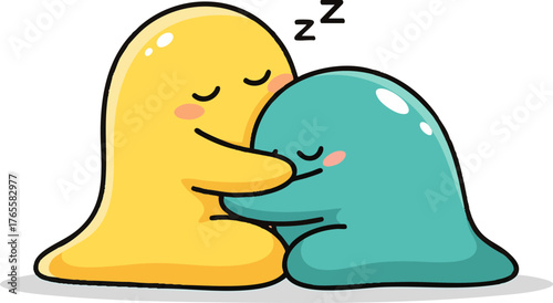 Peaceful embrace: Adorable cartoon blob characters hugging and sleeping, symbolizing love and comfort