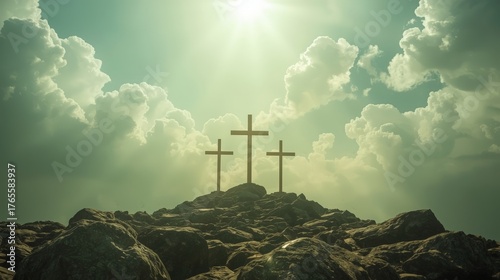 A distant view of Golgotha at sunset, featuring the silhouette of a cross symbolizing the crucifixion. The dramatic landscape, warm tones, and spiritual atmosphere 