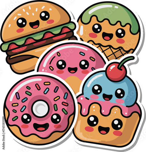 Cute cartoon food characters featuring burger donut ice cream and waffle with smiling faces