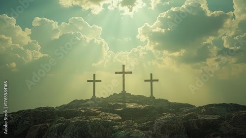 A distant view of Golgotha at sunset, featuring the silhouette of a cross symbolizing the crucifixion. The dramatic landscape, warm tones, and spiritual atmosphere 