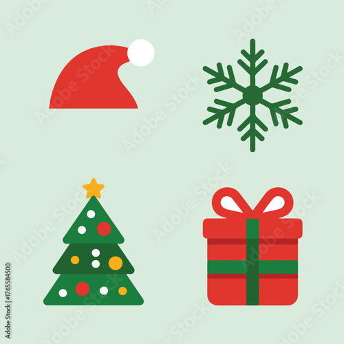 Festive christmas icons including santa hat tree snowflake and gift box on light background