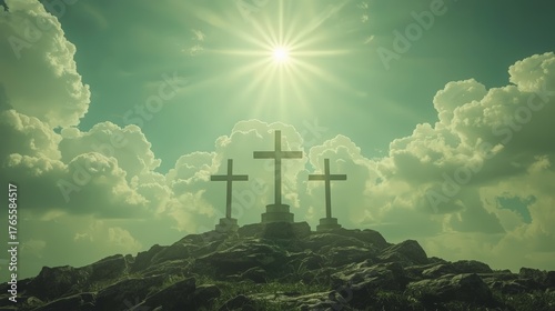 A distant view of Golgotha at sunset, featuring the silhouette of a cross symbolizing the crucifixion. The dramatic landscape, warm tones, and spiritual atmosphere 