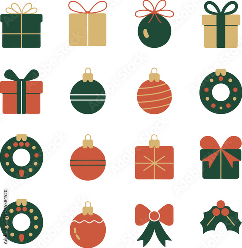 Festive Christmas icons featuring gifts ornaments wreaths bows and holly with vibrant holiday colors