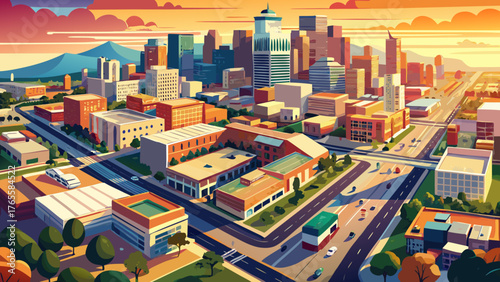 Very beautiful aerial view of the urban core of downtown Bell Gardens, California, showcasing tightly packed buildings, streets, and city infrastructure under warm daylight, highlighting the vibrant c