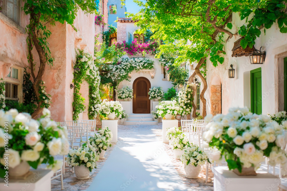 Naklejka premium Romantic Rustic Mediterranean Courtyard Wedding Ceremony Setup