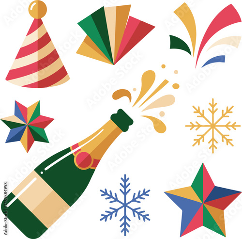 Colorful celebration elements with champagne and festive decorations on white background