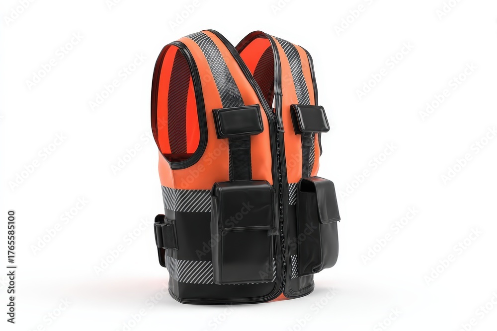 Fototapeta premium Orange high visibility safety vest with reflective stripes and utility pockets on white background