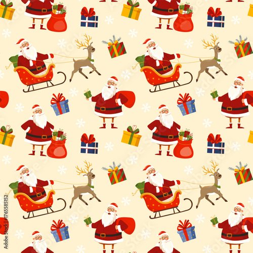 Festive Christmas seamless pattern with Santa, sleigh full of gifts and deer. Cute holiday design for wrapping paper, fabric, greeting cards, winter decor. New year vector colorful background