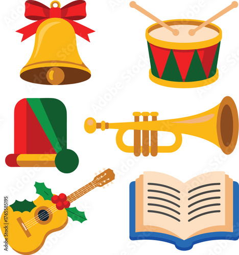Festive musical icons including bell, drum, hat, trumpet, guitar, and book on white background