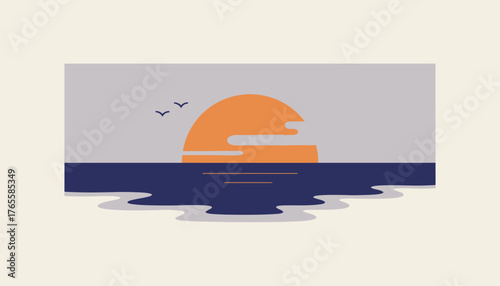 Vector art illustration depicting a tranquil ocean sunset with an orange sun dipping below the horizon, reflecting on the calm water, and birds flying in the sky