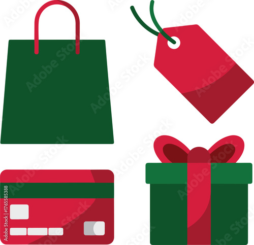 Illustration depicting shopping bag, gift box, price tag, and credit card with red accents
