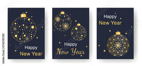 Set of New Year's cards with congratulatory text and gold decor. Happy New Year festive layouts. Template with words, hanging Christmas tree balls and stars, vector graphics