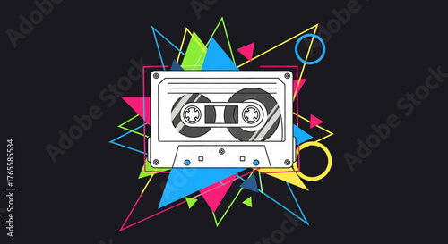Retro cassette tape surrounded by vibrant geometric shapes and lines on a dark background, evoking a sense of nostalgia and 80s pop culture.