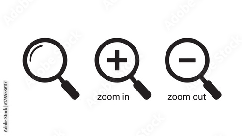 Three black magnifying glasses with zoom symbols on transparent background silhouette