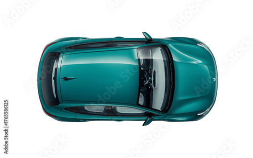 Topdown view of a stylish teal car isolated on transparent background