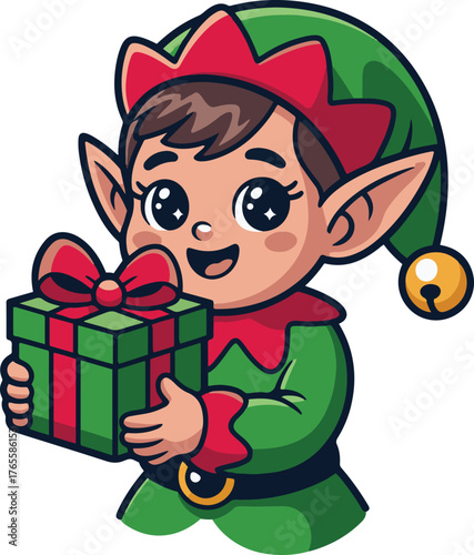 Cartoon elf character cheerfully holding a festive gift with a red ribbon and green packaging