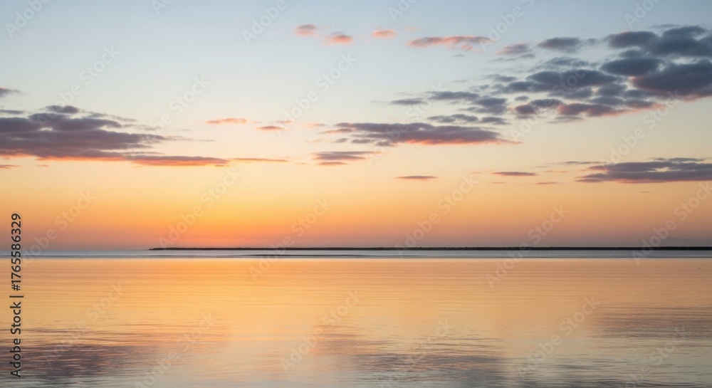 Naklejka premium Tranquil ocean sunset with vibrant sky and reflection on calm water for relaxation and nature themes