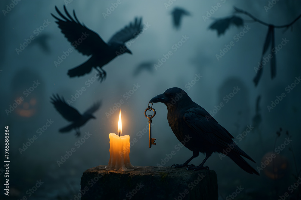 Fototapeta premium Raven and Candle – Mysterious Halloween Scene with Golden Key