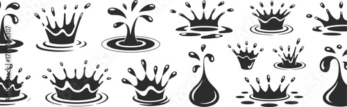 Water splash vector set, liquid droplet silhouettes, ripple effects, dynamic splash shapes, black and white fluid motion icons for design, animation, education