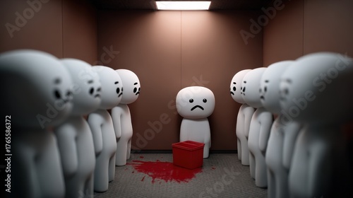 In a confined space, a sad character stands alone among faceless figures, evoking feelings of isolation and despair, as an ominous red hue permeates the atmosphere, challenging interpretation.