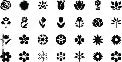 Black flower icon set, botanical silhouette collection, floral vector symbols, abstract petal designs, decorative blossoms, minimalist nature elements, graphic illustration pack