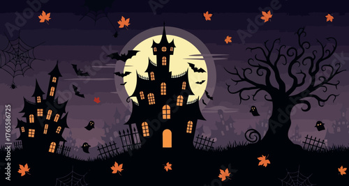 Haunted Castle with Full Moon – Spooky Halloween Background.