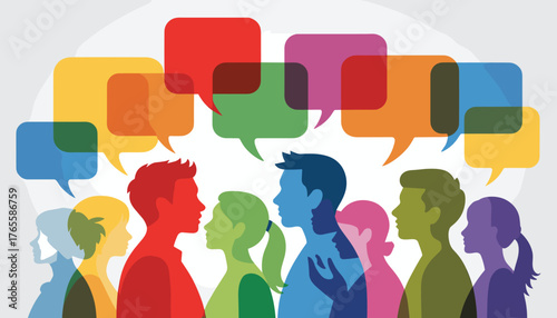 Multicultural communication, teamwork, brainstorming, diverse people, colorful silhouettes, speech bubbles, dialogue, collaboration, social interaction, community engagement