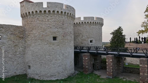 Evening View of the Zindan Gate at Belgrade Fortress with Panning Motion from Bridge to Entrance – Serbia