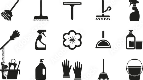 Black silhouette vector icons of cleaning tools and supplies, broom, mop, spray bottle, gloves, bucket, dustpan, hygiene equipment, janitorial essentials