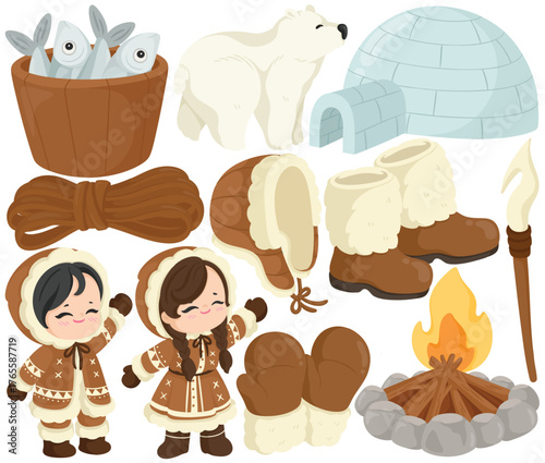 Vector Eskimo Clip Art Set Cute Inuit People Igloo Polar Bear Arctic Culture Illustration Isolated on White Background Graphic Winter Cold Snow Clothes