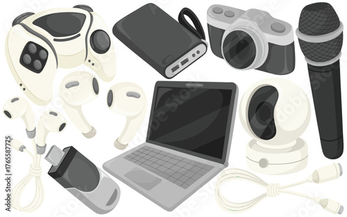 Vector Gadgets Clip Art Set Technology Electronics Laptop Camera Microphone Gamepad Earbuds Power Bank Illustration Isolated on White Background Graphic