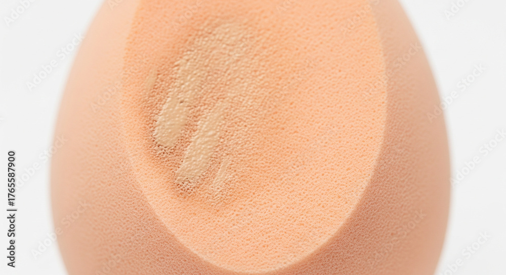 Fototapeta premium Makeup Sponge with Applied Foundation Swatch for Product Testing. Extreme close-up shot of a peach- or nude-colored makeup blending sponge, prominently featuring a visible swipe