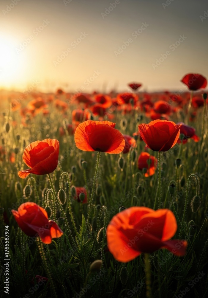 Fototapeta premium Remembrance day tribute with poppy field at sunrise - ideal for memorial event, poster design
