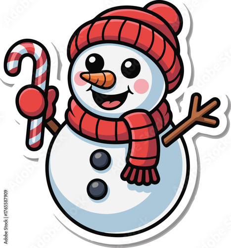 Cheerful snowman with a candy cane and red scarf and hat smiling on a bright winter day