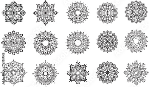 Fifteen unique black outline mandala designs are arranged on a white background