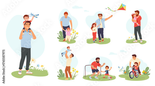 Set illustrations of fathers spending time with kids outdoors. Playing soccer, cycling, flying kite, hugging, walking, having fun together. Family vector design for Father's Day projects, card, banner