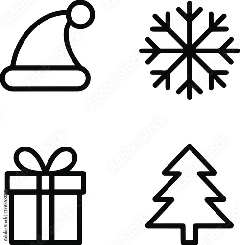 Simple black icons of santa hat snowflake gift box and tree on plain white background design theme