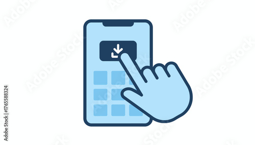 Hand tapping a download button on a generic smartphone screen, illustrating the concept of installing new applications and updating digital content on a mobile device with a transparent background